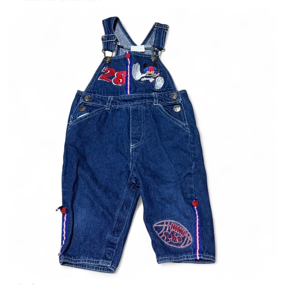 Vintage Disney Mickey Mouse Football Denim Overalls 12M Embroidered Y2K